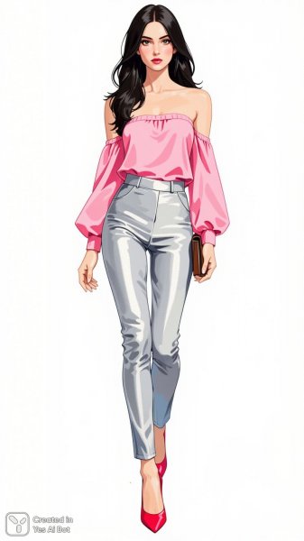 Элегантный образ: розовый топ и серебристые брюки. Генерация из нейросети Flux