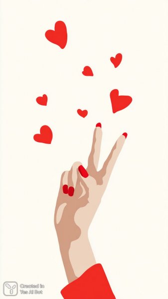 Рука с алыми ногтями, знак мира и сердца в минимализме. Картинка из нейронной сети Midjourney