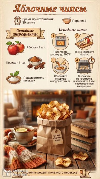 Простой рецепт домашних яблочных чипсов: хрустящая закуска за час. Изображение из нейросети Nano Banana