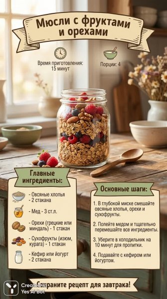 Быстрый и полезный завтрак: мюсли с фруктами и орехами за 15 минут. Генерация из нейросети Nano Banana