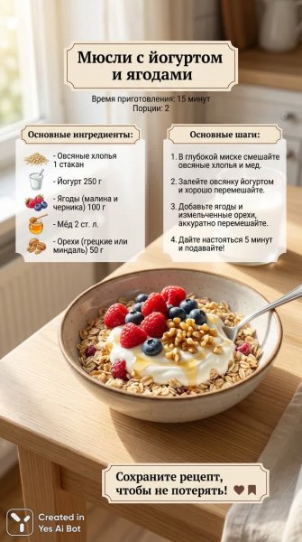 Быстрый завтрак: мюсли с йогуртом и свежими ягодами для бодрого утра. Нейросеть Nano-Banana