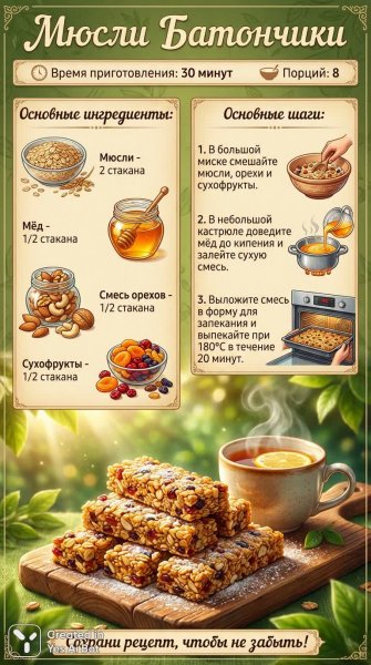 Домашние мюсли-батончики: простой рецепт вкусного и полезного перекуса для всей семьи. Нейросеть Нано Банана