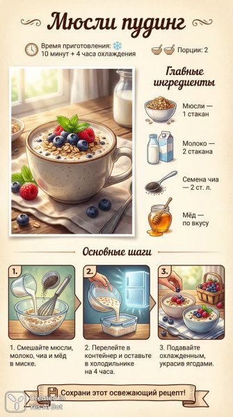 Быстрый и полезный десерт: мюсли-пудинг с чиа и медом для вкусного завтрака. Картинка из нейронной сети Nano Banana