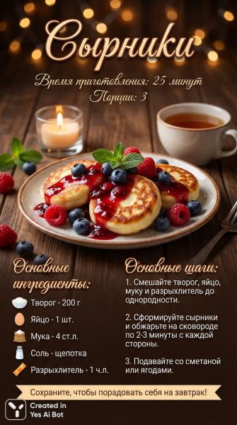 Нежные творожные оладьи: простой рецепт вкусного домашнего завтрака. Нейросеть NanoBanana
