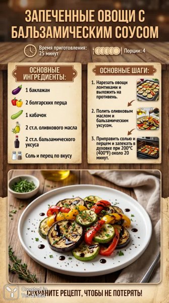 Простой рецепт: запеченные овощи с бальзамическим соусом для вкусного ужина всего за 25 минут. Изображение из нейронной сети Nano Banana