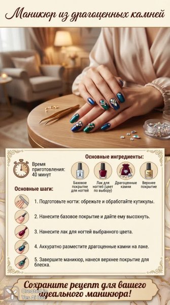 Блестящий маникюр с драгоценными камнями: пошаговый рецепт красоты и стиля. Изображение из нейросети Нано Банана