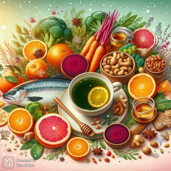 Вкусное зимнее питание для красоты и энергии организма зимой. Картинка из нейросети Далли 3