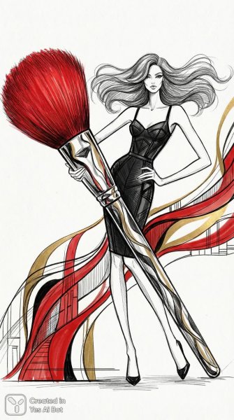 Модный скетч: элегантная девушка в облегающем платье и огромной кистью для макияжа на белом фоне. Изображение из нейронной сети Nano Banana