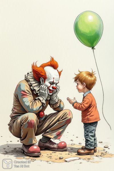 Грустный клоун и мальчик с воздушным шариком на улице. Картинка из нейросети Flux 1