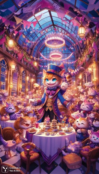 Вечеринка Чеширского кота в Стране чудес. Картинка из нейронной сети Dalle