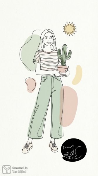 Девушка с кактусом и котом в стиле минимализма. Генерация из нейросети NanoBanana