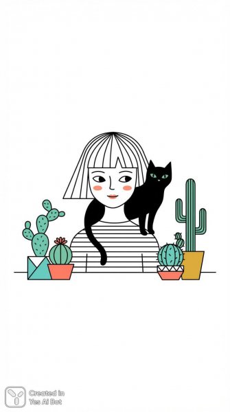Девушка с кошкой и кактусы: минималистичная иллюстрация в стиле лайнарт. Генерация из нейронной сети Нано Банана