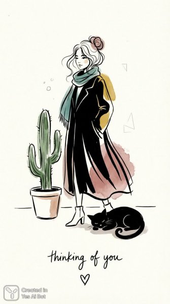 Изящная женщина и чёрный кот в современном скетче с яркими акцентами. Генерация из нейросети Nano Banana