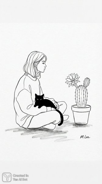 Девушка с котом и кактус: элегантная простота в минималистичном стиле. Картинка из нейросети Nano Banana