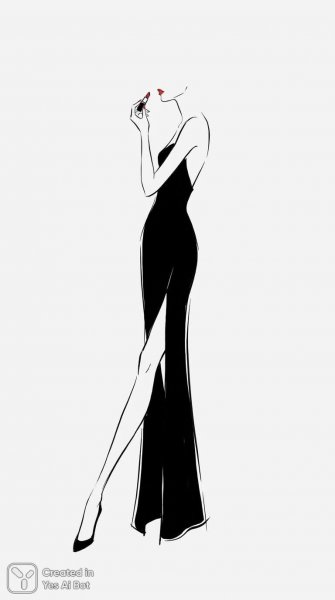 Элегантная мода: динамичный силуэт в черном платье и алая помада. Нейросеть Nano Banana
