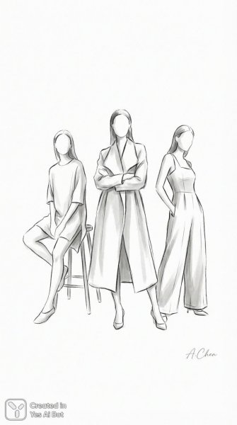 Стилизованные эскизы фигур женщин в монохромной гамме. Нейросеть Nano Banana