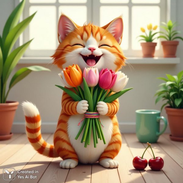 Рыжий кот с тюльпанами: цифровое искусство и радость жизни. Изображение из нейросети Flux Ai