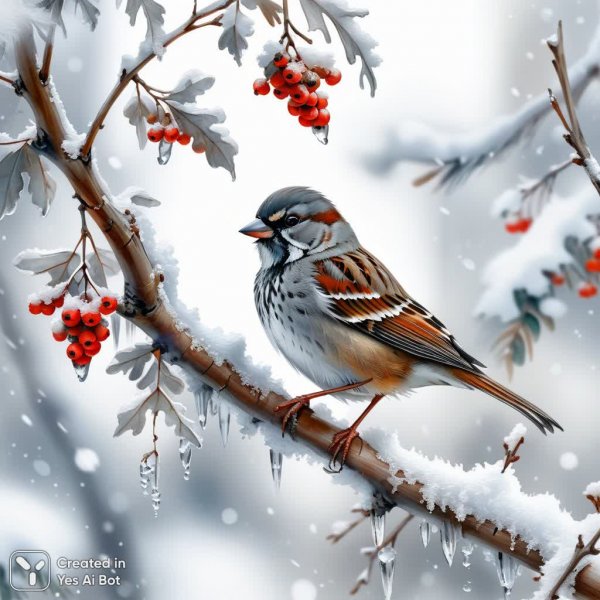 Зимний пейзаж с рябиной и снежным жаворонком на корявом дереве. Изображение из нейросети Stable Diffusion