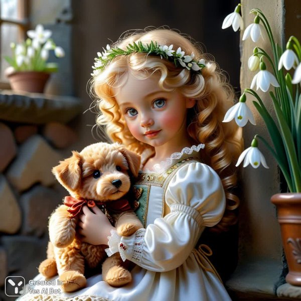 Милая девочка с мишкой и щенком в солнечных лучах. Изображение из нейросети Stable Diffusion