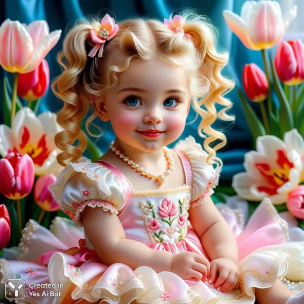 Нежная весенняя вышивка: очарование девочки в тюлевых цветах. Нейросеть Stable Diffusion