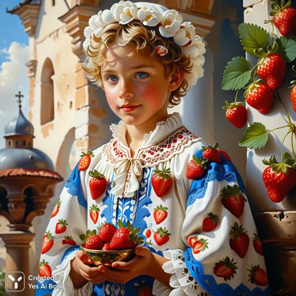 Нежные ягоды и узоры Гжель: летнее вдохновение в стиле художников. Изображение из нейронной сети Stable Diffusion