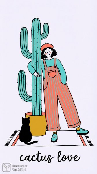 Кактус и кошка: минималистичный набросок в ярких тонах с надписью любовь кактуса. Нейронная сеть NanoBanana