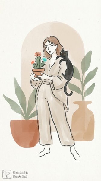 Девушка кактус и кошка: минималистичная иллюстрация в земных тонах. Генерация из нейронной сети Nano-Banana