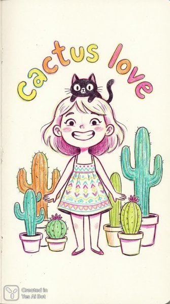 Девочка и кактус: игривый летний набросок в стиле мультфильма. Изображение из нейронной сети Нано Банана