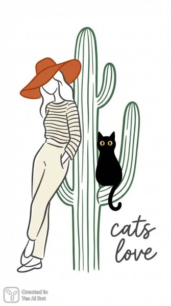 Девушка в шляпе и котик у кактуса: очаровательная иллюстрация. Картинка из нейросети NanoBanana