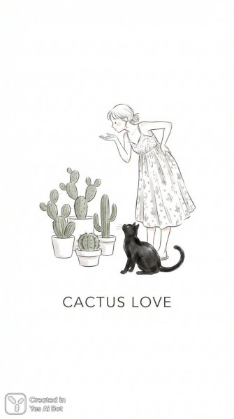 Летнее настроение: девушка, кактус и любопытный кот в минималистичном стиле. Картинка из нейронной сети Нано Банана