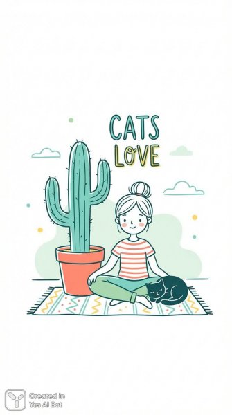 Девочка, кактус и кошка: яркая иллюстрация в стиле скетча. Картинка из нейронной сети Nano Banana