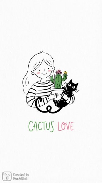 Кактусовая любовь: нежная иллюстрация в минималистичном стиле с котиком. Нейронная сеть Nano Banana