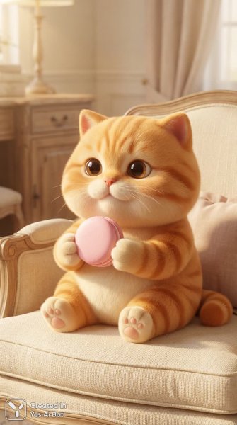 Очаровательный рыжий котенок с макарон в лапках: фотореалистичная иллюстрация крупным планом. Генерация из нейронной сети Nano Banana