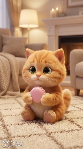 Милый котенок с макаруном в уютной гостиной. Картинка из нейросети Нано Банана