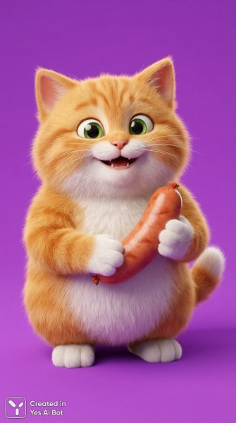 Рыжий котенок с сосиской и изумрудными глазами в мультяшном стиле. Картинка из нейросети Nano-Banana