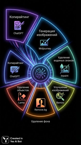 Инфографика: возможности нейросети на черном фоне. Генерация из нейронной сети Nano Banana
