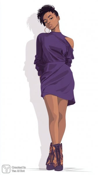 Стильная девушка в фиолетовом платье с вырезом и золотыми сапогами. Генерация из нейросети Midjourney