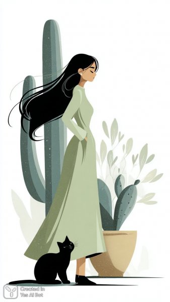 Девушка, кактус и кошка: современная иллюстрация в минималистичном стиле. Изображение из нейронной сети Миджорни