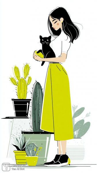 Модный образ с кошачьей грацией и кактусами. Картинка из нейронной сети Midjourney