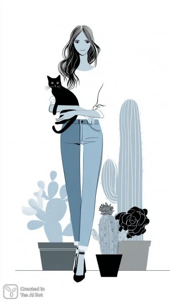 Любовь кактус и мода: иллюстрации с кошкой и растениями. Изображение из нейросети Midjourney