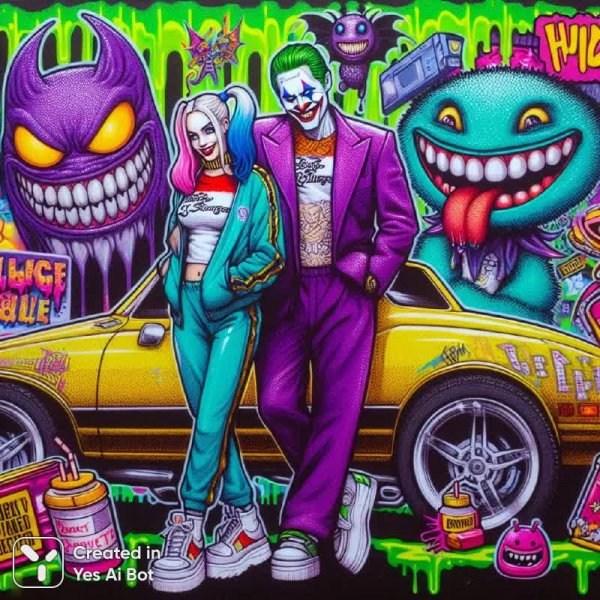 Киберпанк: Джокер и Харли Квин в неоновом безумии большого города. Картинка из нейросети Далли 3