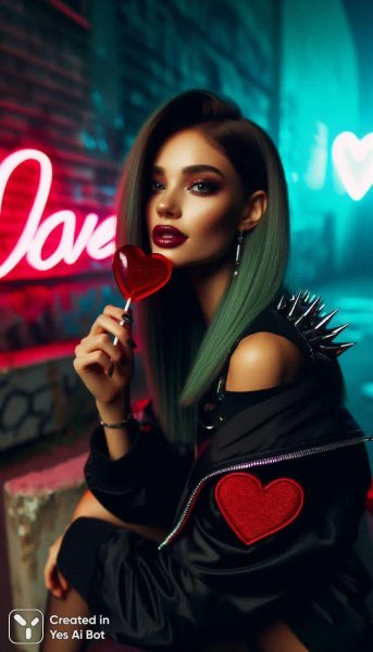 Девушка с леденцом: неоновый шик и игра теней на фоне граффити. Генерация из нейронной сети Dalle 3