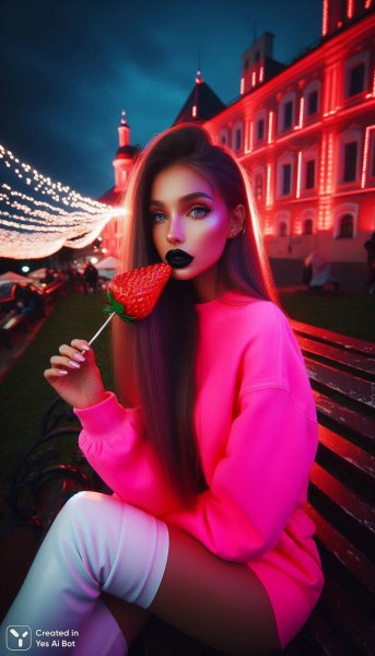 Неоновый сад: ночная клубника и стильная девушка в парке огней. Нейросеть Dalle 3