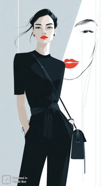 Стильная модель в элегантном черном комбинезоне и яркой помадой. Нейросеть Миджорни