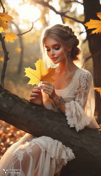 Осенняя нежность: девушка в белом платье среди золотой листвы и мягкого света. Генерация из нейросети Dalle
