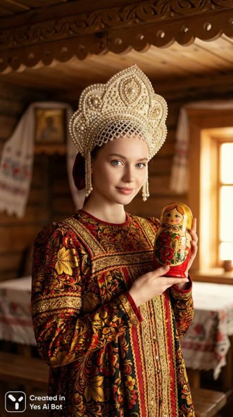 Русская красавица в стиле Хохломы: сказочный портрет с матрешкой и кокошником. Изображение из нейросети Нано Банана
