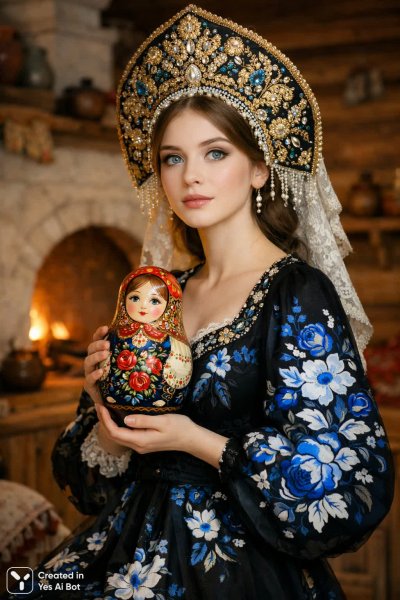 Русская красавица с матрёшкой в руках: традиции и элегантность. Изображение из нейросети Sora Ai Images