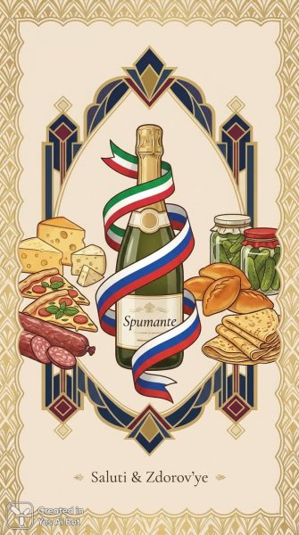 Итальянско-русская вечеринка: пирожки, блинчики и шампанское. Нейросеть Nano Banana