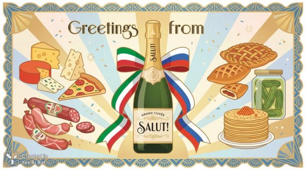 Праздничный стол: сплав итальянской и русской кулинарных традиций. Картинка из нейросети NanoBanana