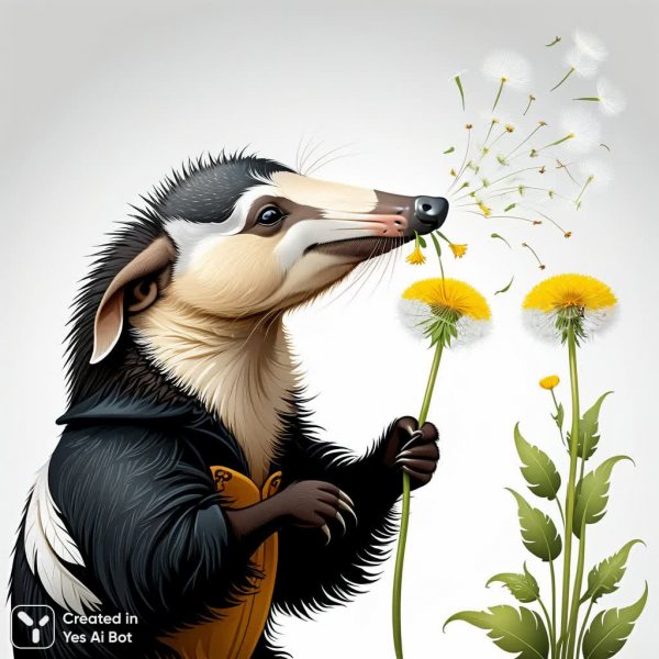 Забавный муравьед на белом фоне дует на одуванчик иллюстрацией в стиле Тойне Йоансон. Картинка из нейронной сети Stable Diffusion